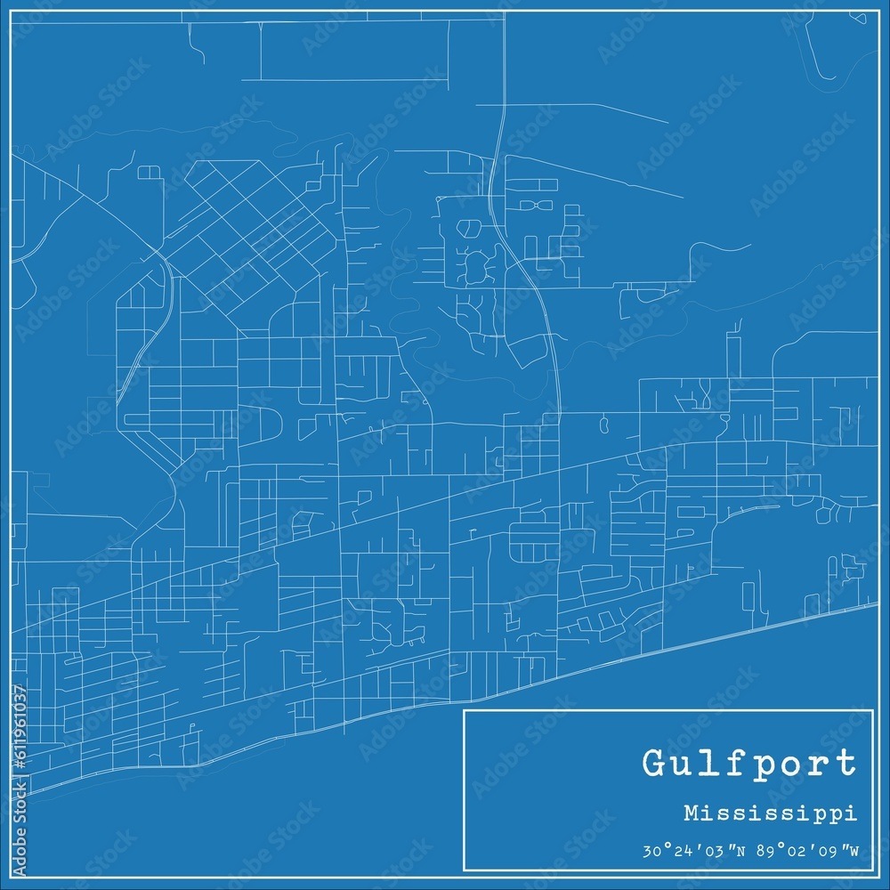 Blueprint US city map of Gulfport, Mississippi.