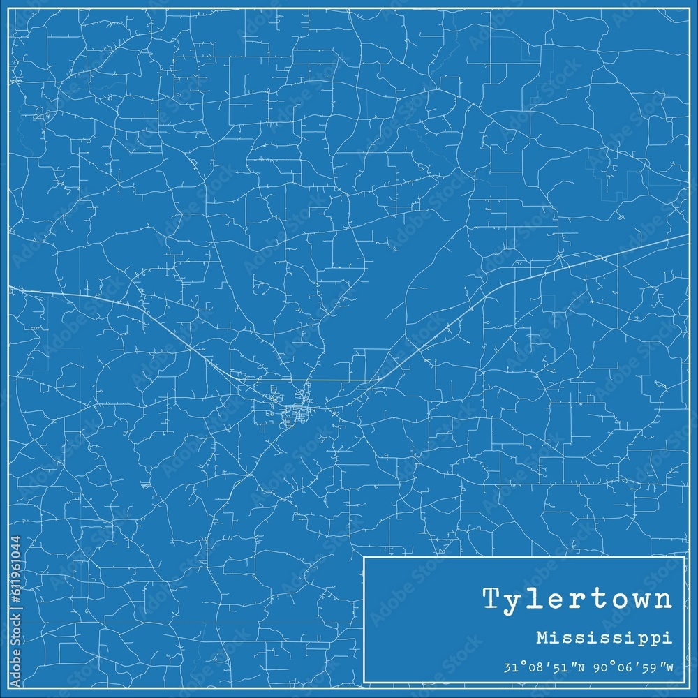 Blueprint US city map of Tylertown, Mississippi.