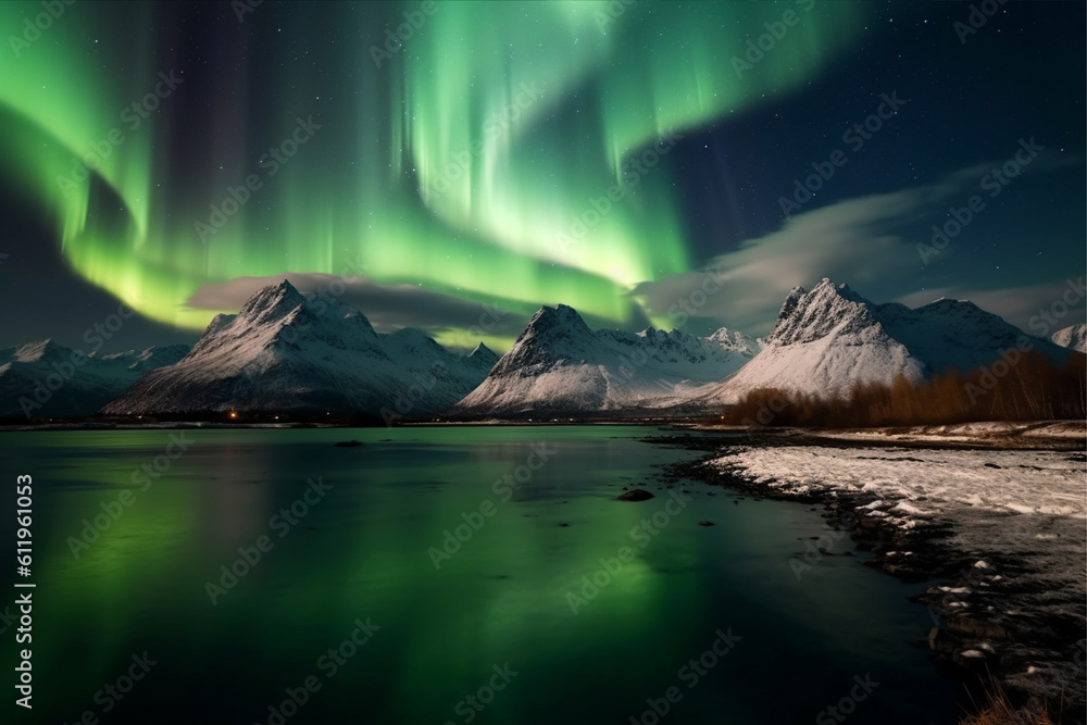 Aurora landscape with northern lights, generative ai Aurora landscape with northern lights, generative ai