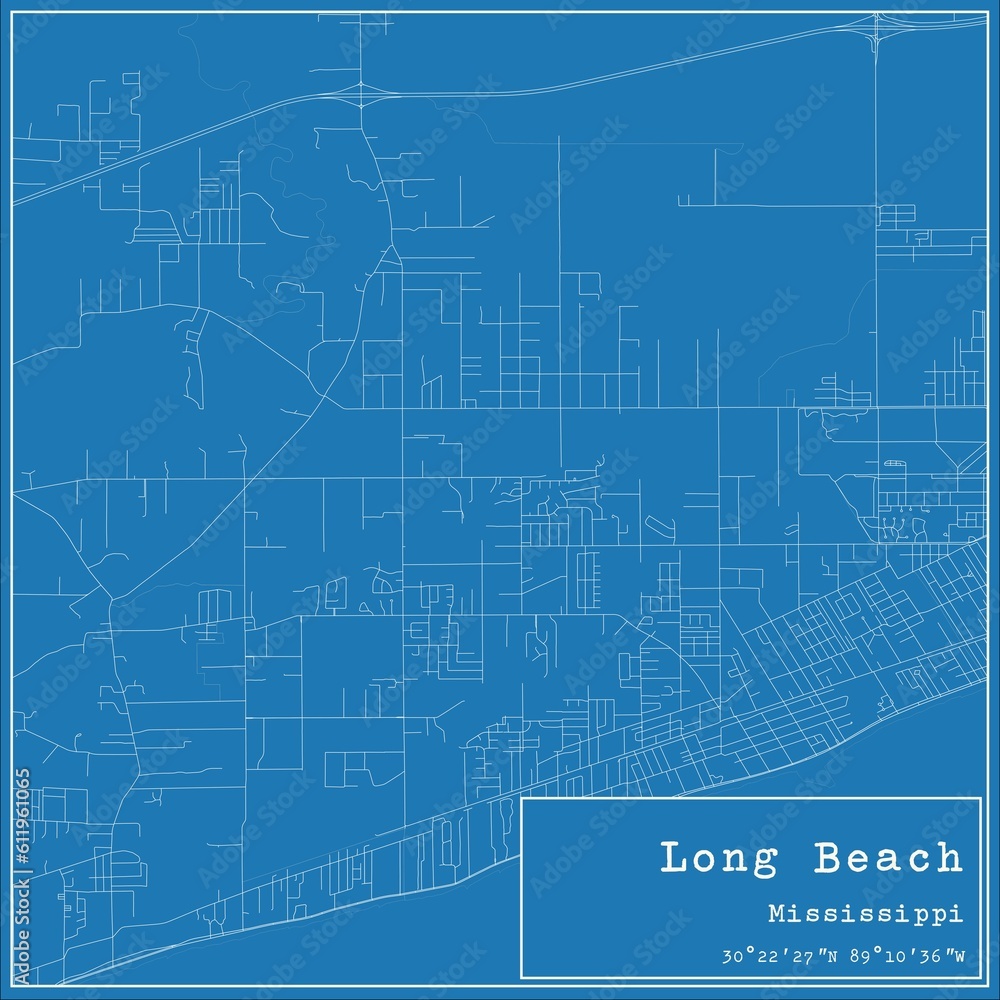 Blueprint US city map of Long Beach, Mississippi.