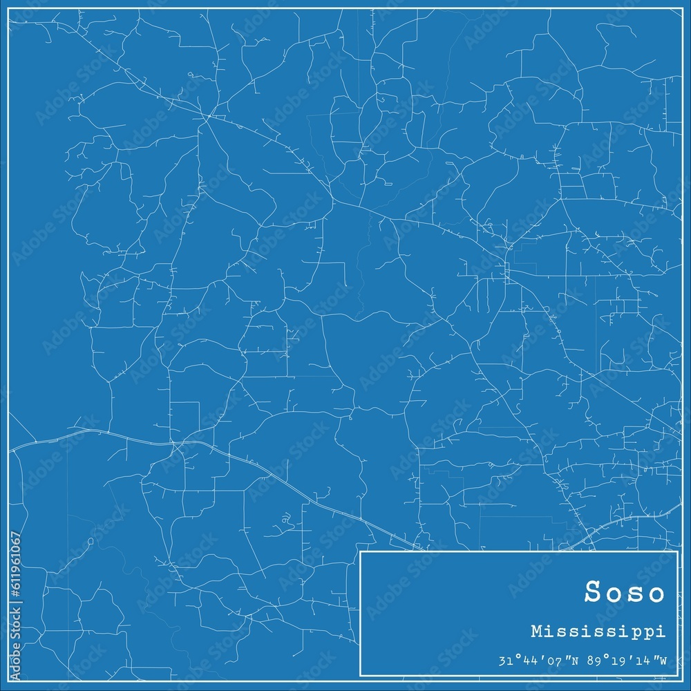 Blueprint US city map of Soso, Mississippi.