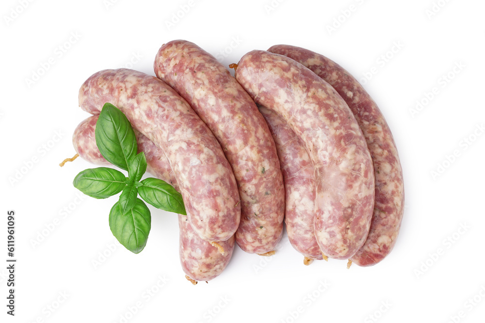 Raw fresh sausages and basil on white background Raw fresh sausages and basil on white background
