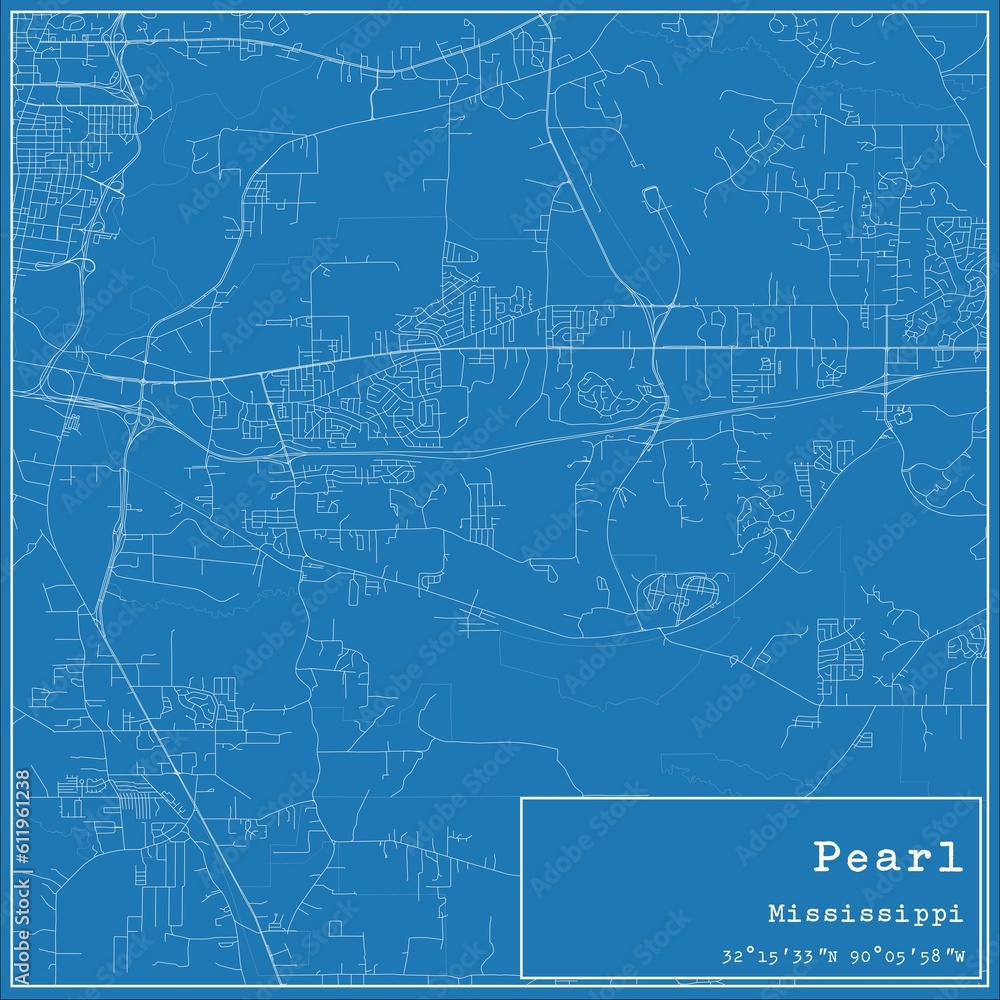 Blueprint US city map of Pearl, Mississippi.