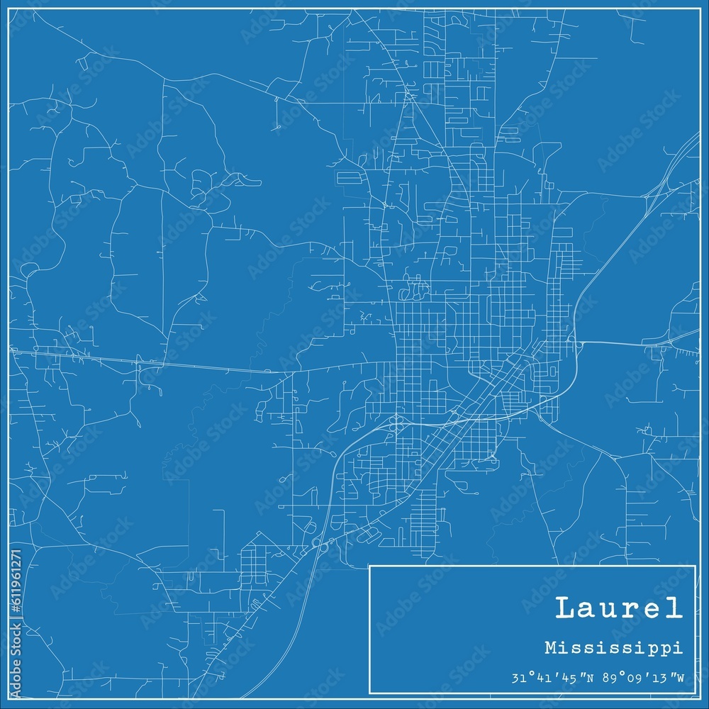 Blueprint US city map of Laurel, Mississippi.