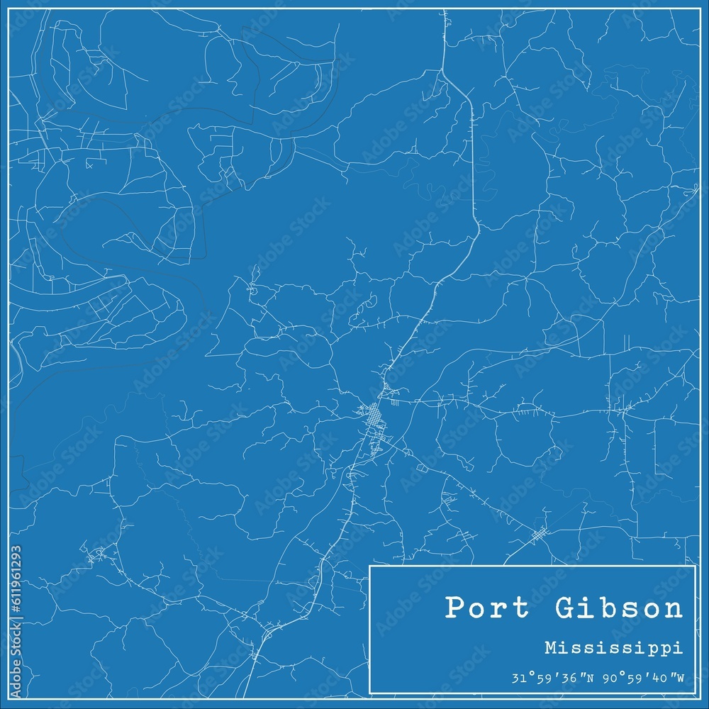 Blueprint US city map of Port Gibson, Mississippi.