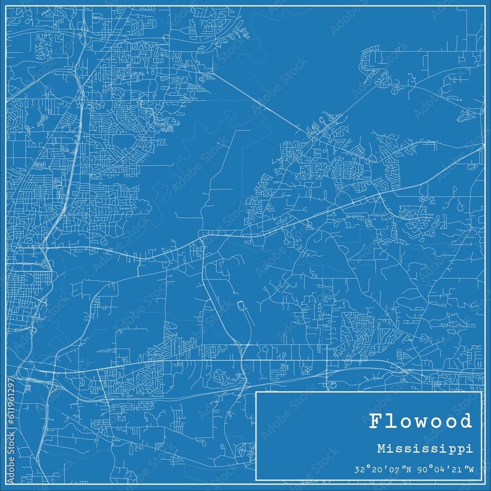 Blueprint US city map of Flowood, Mississippi.