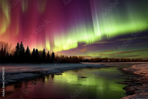 Aurora landscape with northern lights, generative ai
