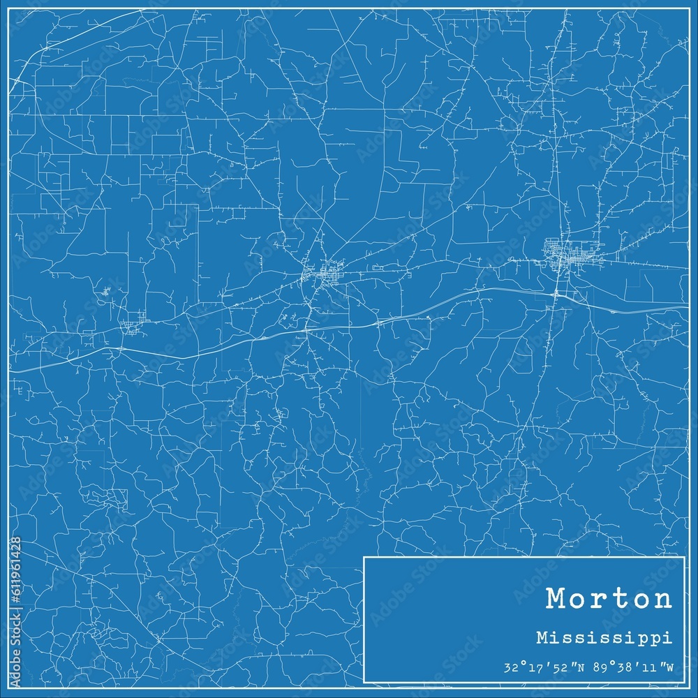 Blueprint US city map of Morton, Mississippi.