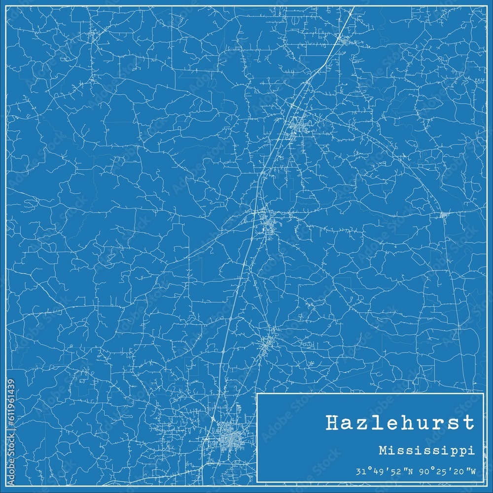 Blueprint US city map of Hazlehurst, Mississippi.