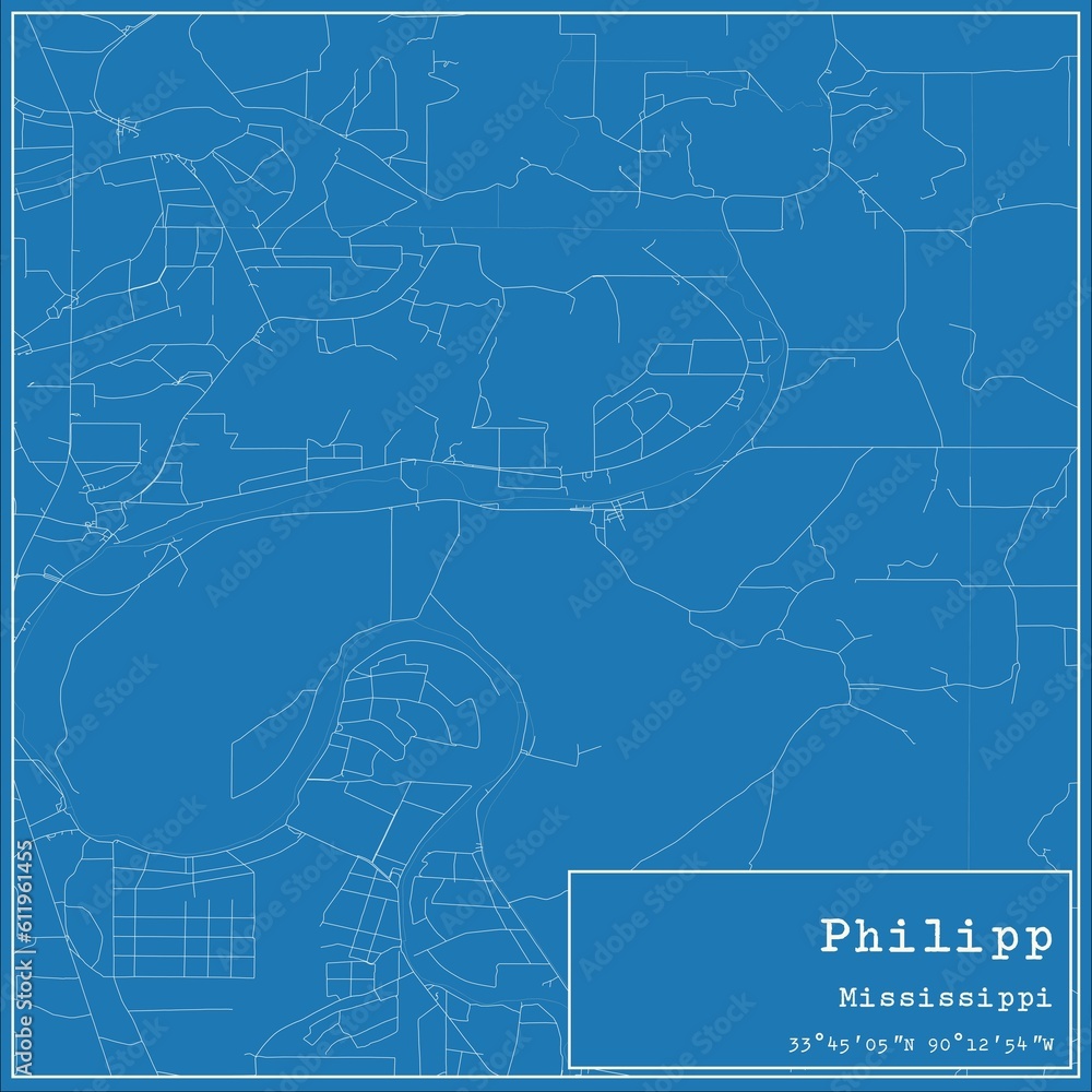 Blueprint US city map of Philipp, Mississippi.