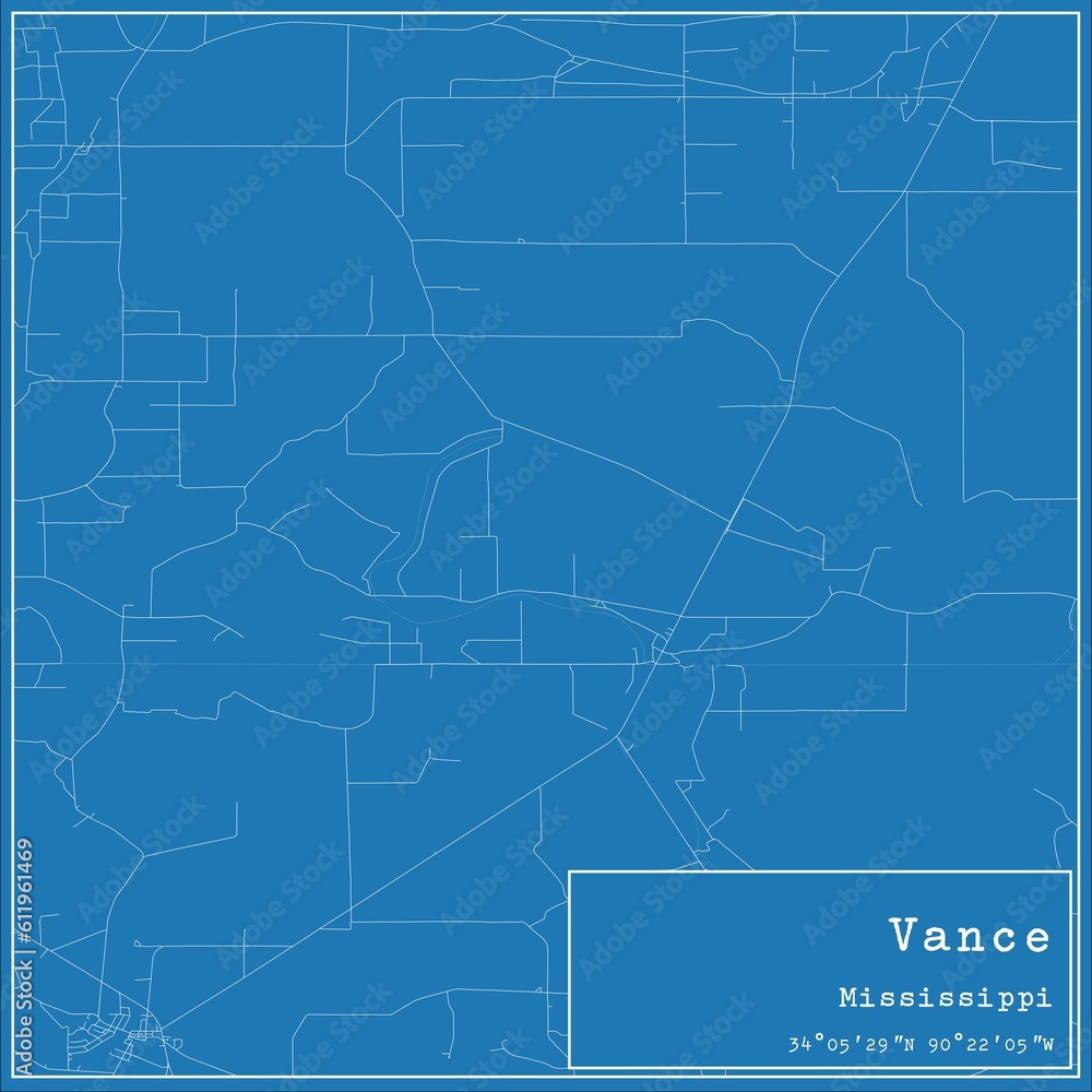 Blueprint US city map of Vance, Mississippi.