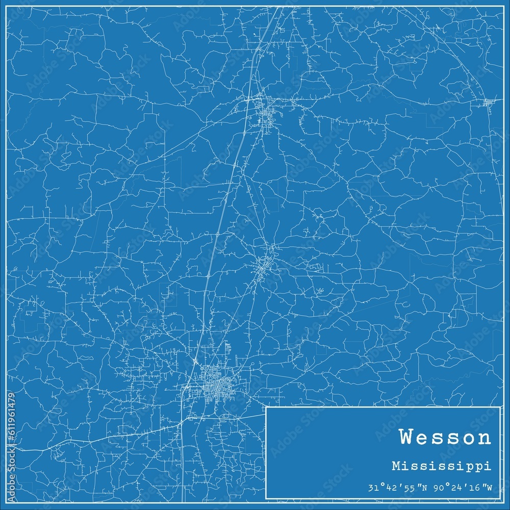 Blueprint US city map of Wesson, Mississippi.