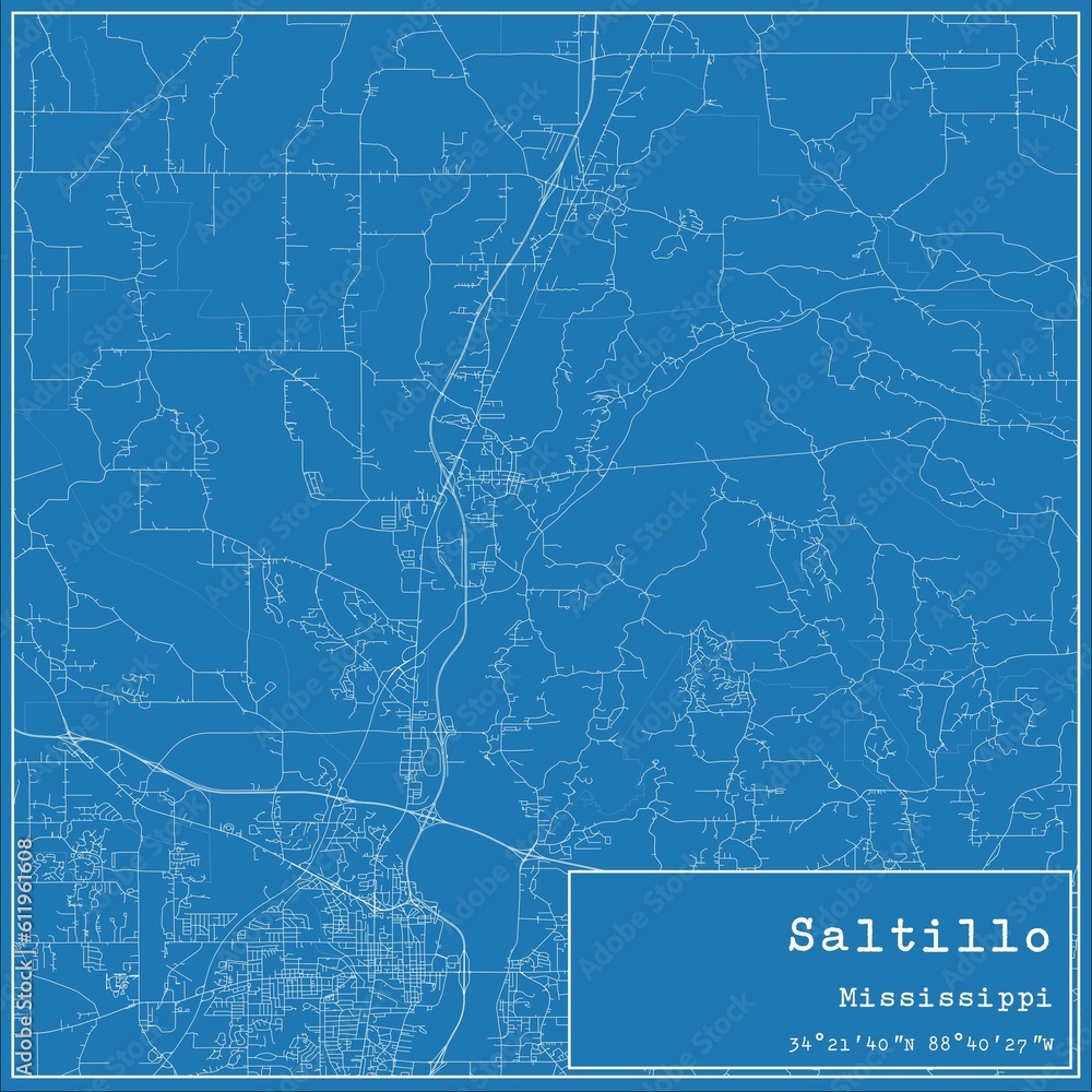 Blueprint US city map of Saltillo, Mississippi.