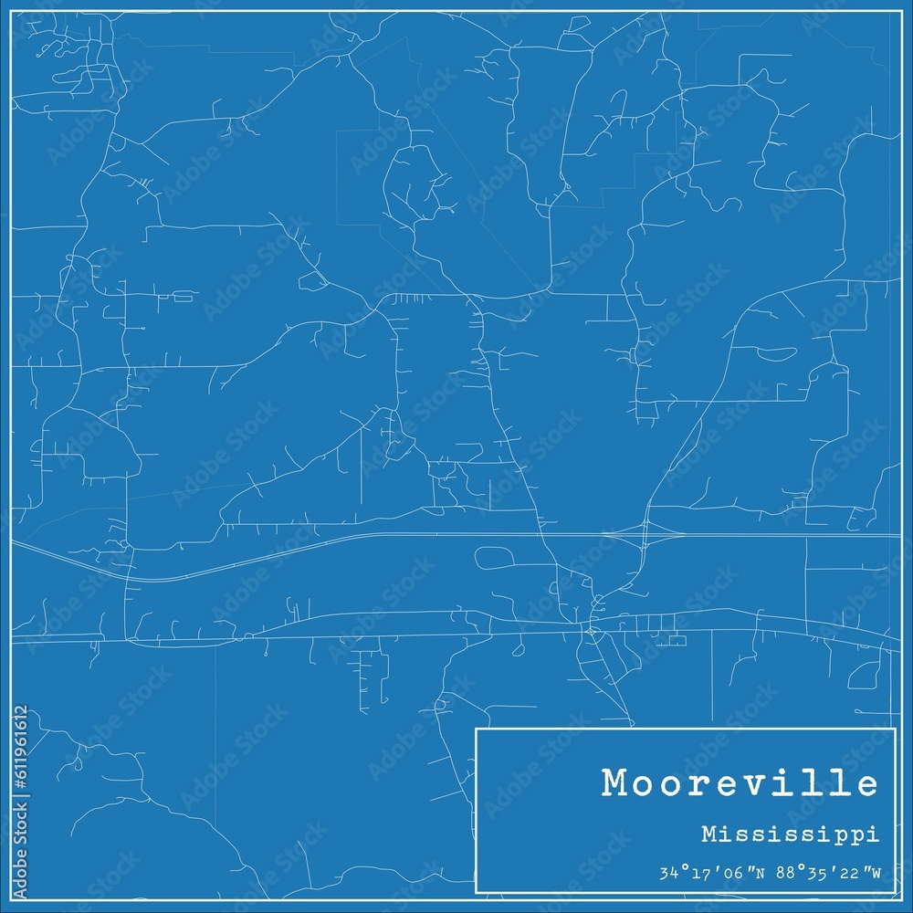 Blueprint US city map of Mooreville, Mississippi.