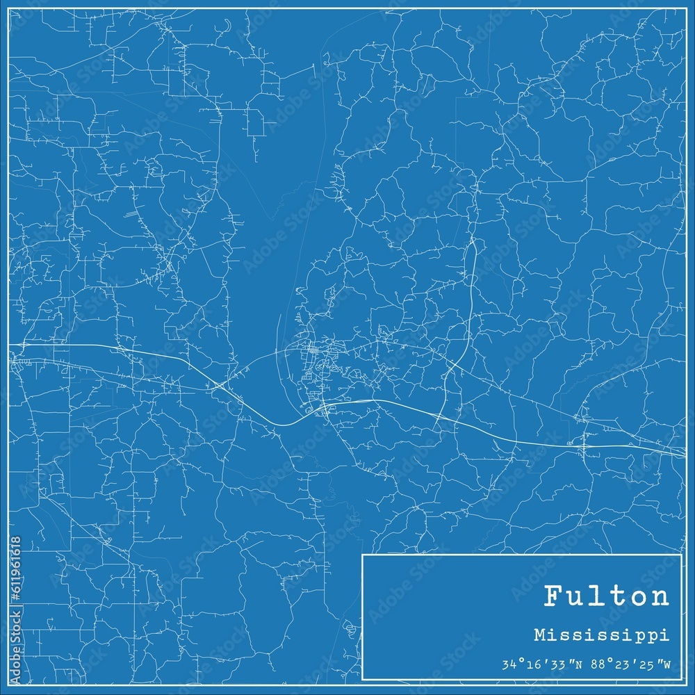 Blueprint US city map of Fulton, Mississippi.