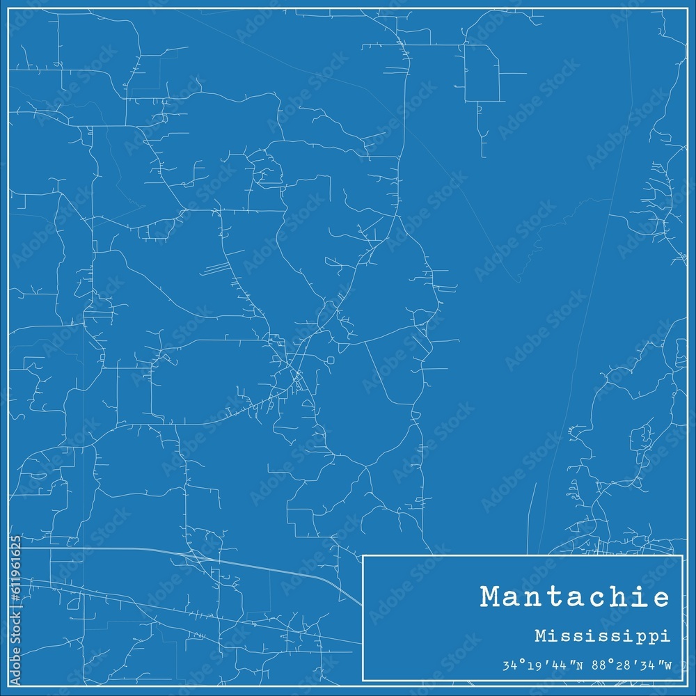 Blueprint US city map of Mantachie, Mississippi.