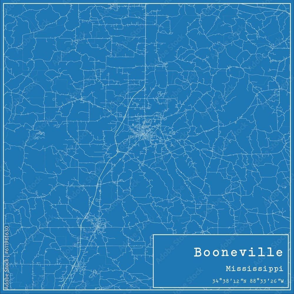 Blueprint US city map of Booneville, Mississippi.