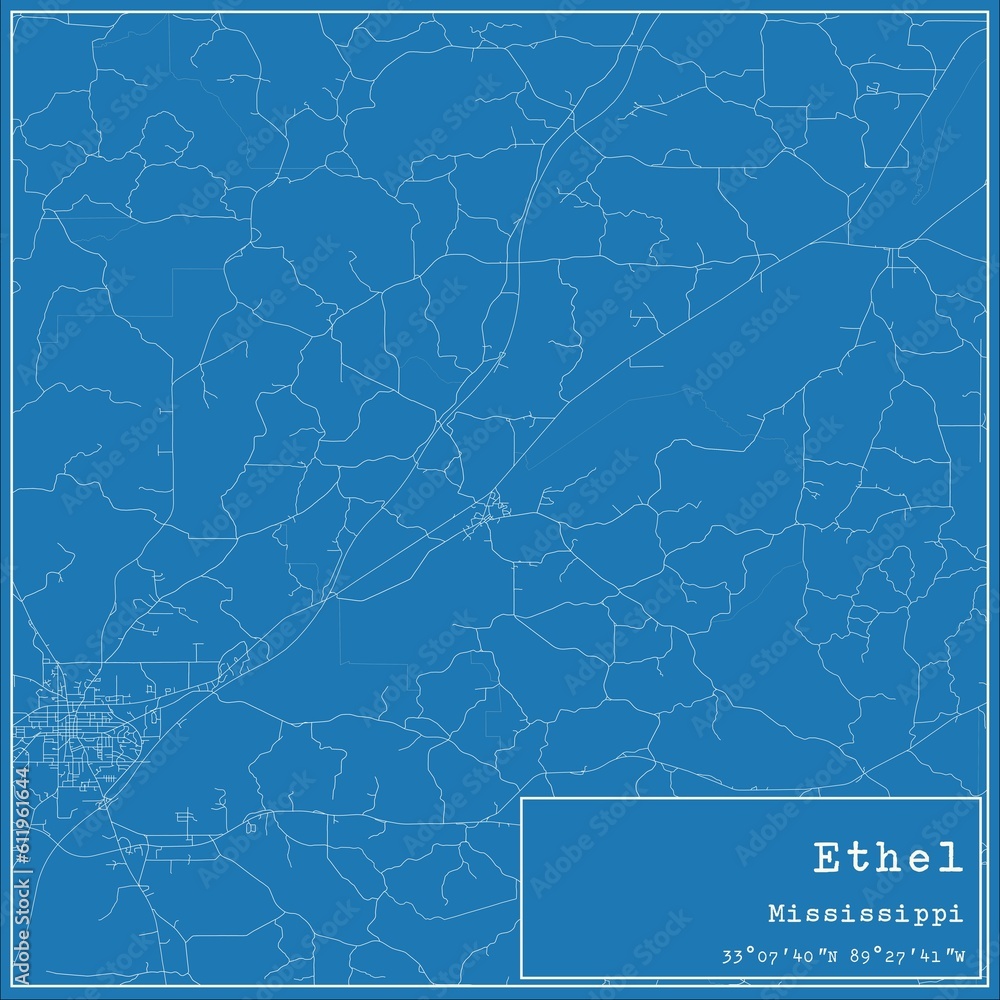 Blueprint US city map of Ethel, Mississippi.