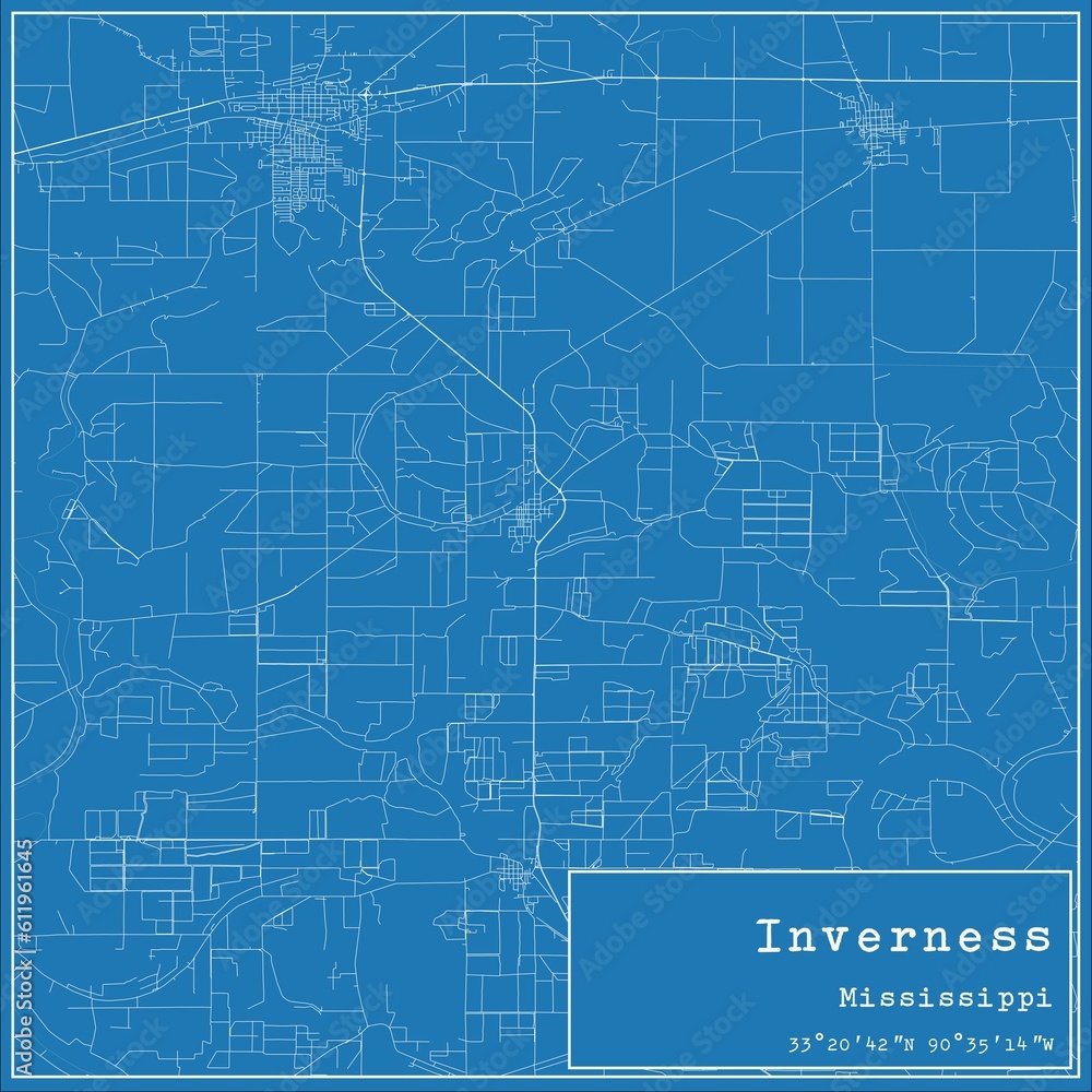 Blueprint US city map of Inverness, Mississippi.