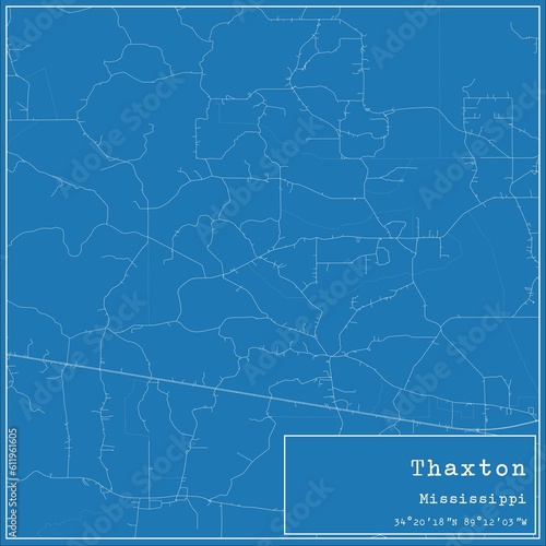 Blueprint US city map of Thaxton, Mississippi.
