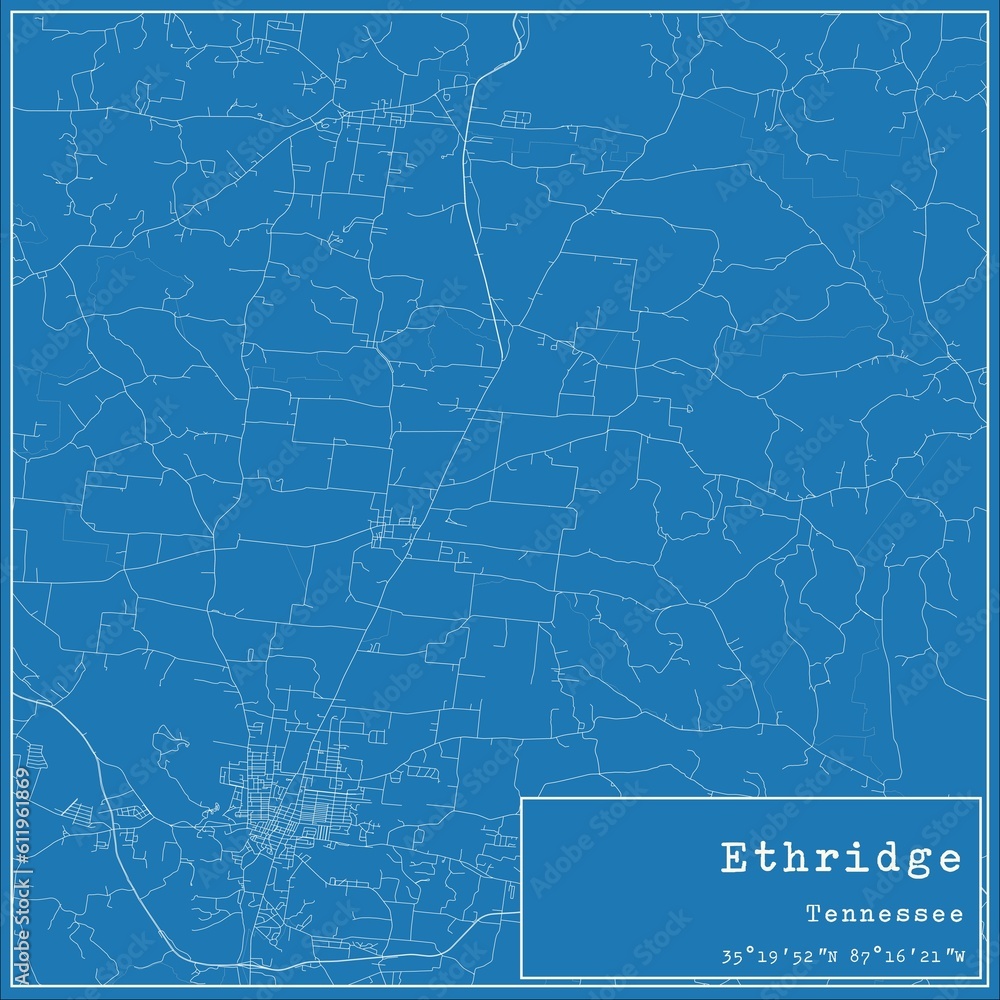 Blueprint US city map of Ethridge, Tennessee.