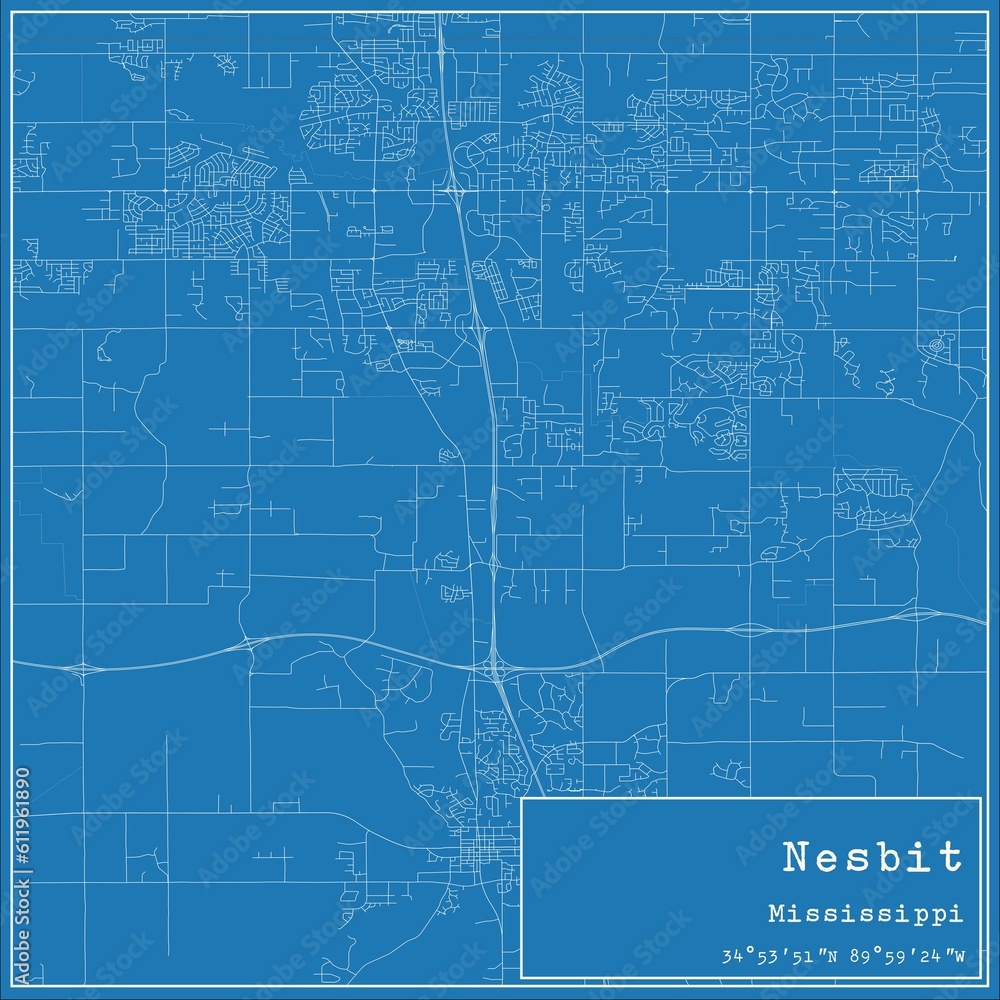 Blueprint US city map of Nesbit, Mississippi.