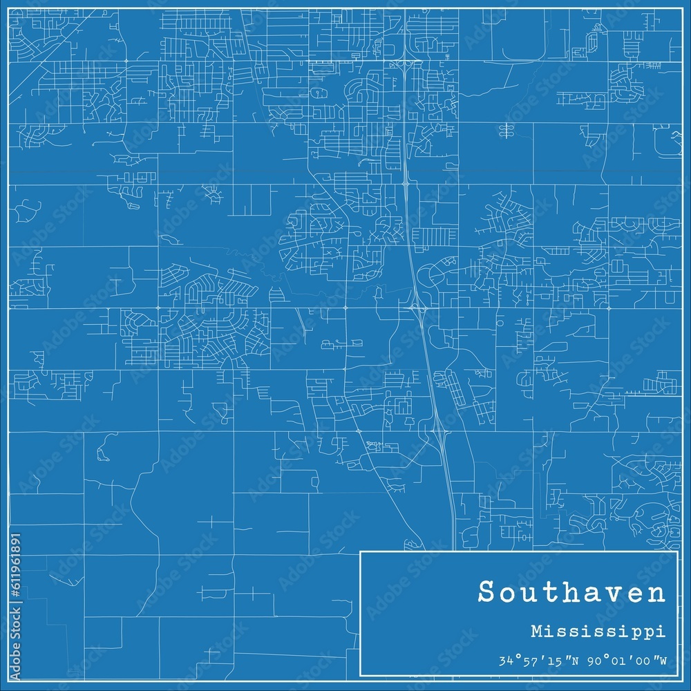 Blueprint US city map of Southaven, Mississippi.