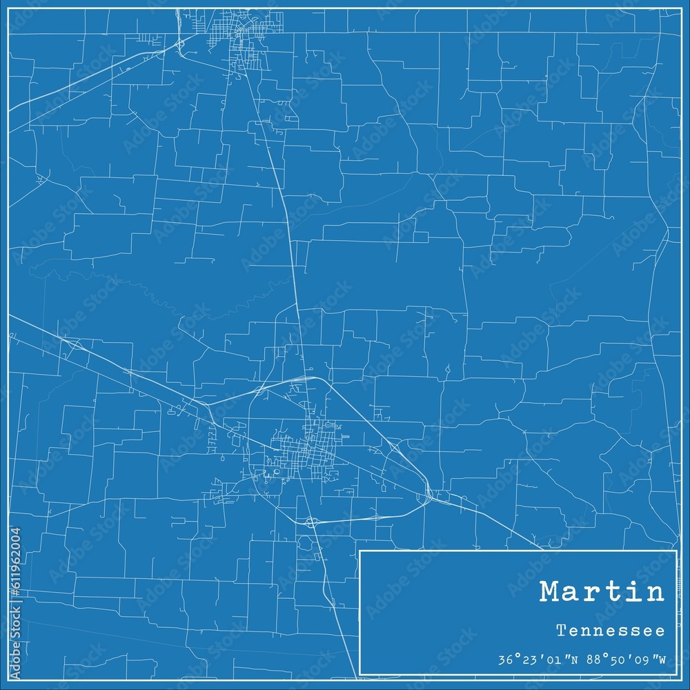 Blueprint US city map of Martin, Tennessee.