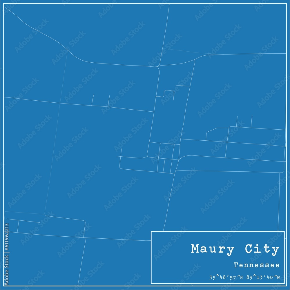 Blueprint US city map of Maury City, Tennessee.