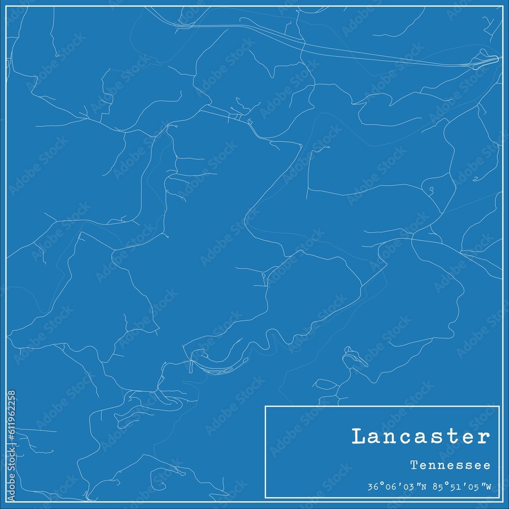 Blueprint US city map of Lancaster, Tennessee.