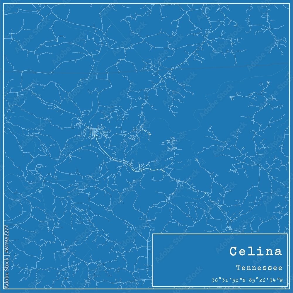 Blueprint US city map of Celina, Tennessee.