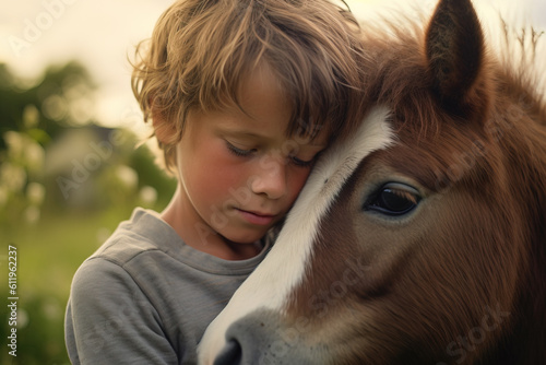 Illustrated portrait of a young boy cuddle with a pony, created with generative ai