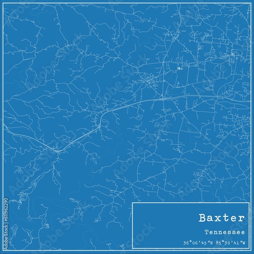 Blueprint US city map of Baxter, Tennessee.