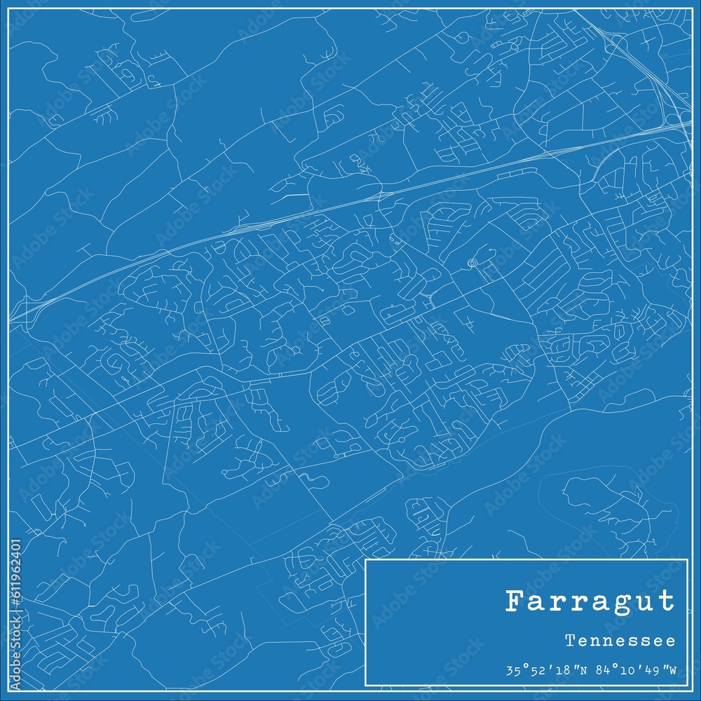 Blueprint US city map of Farragut, Tennessee.