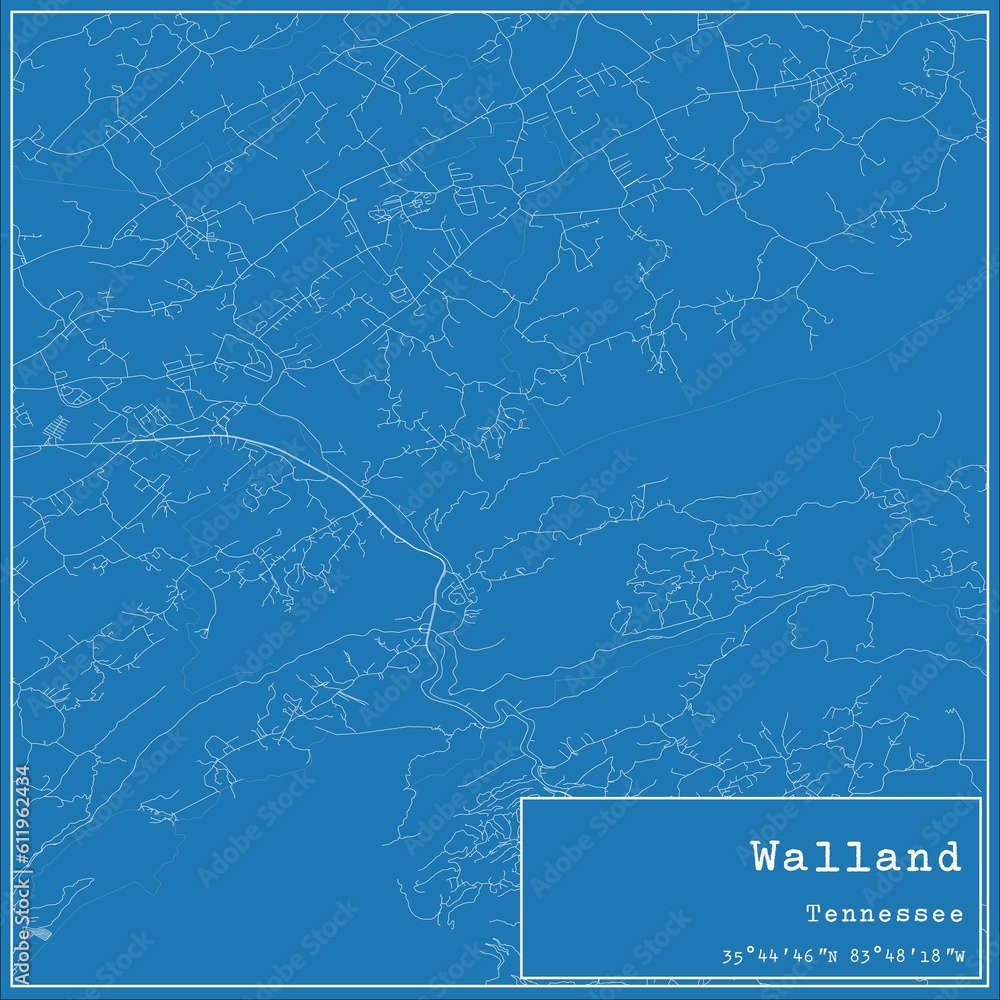 Blueprint US city map of Walland, Tennessee.