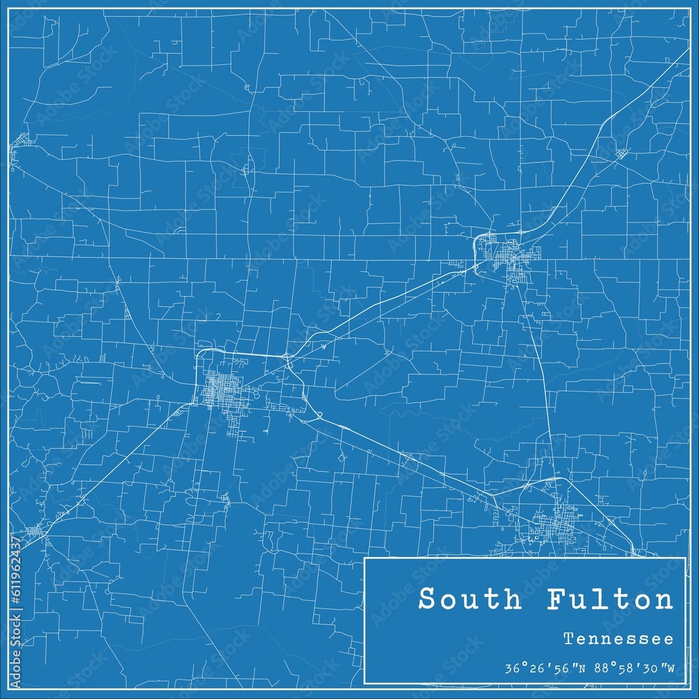 Blueprint US city map of South Fulton, Tennessee.