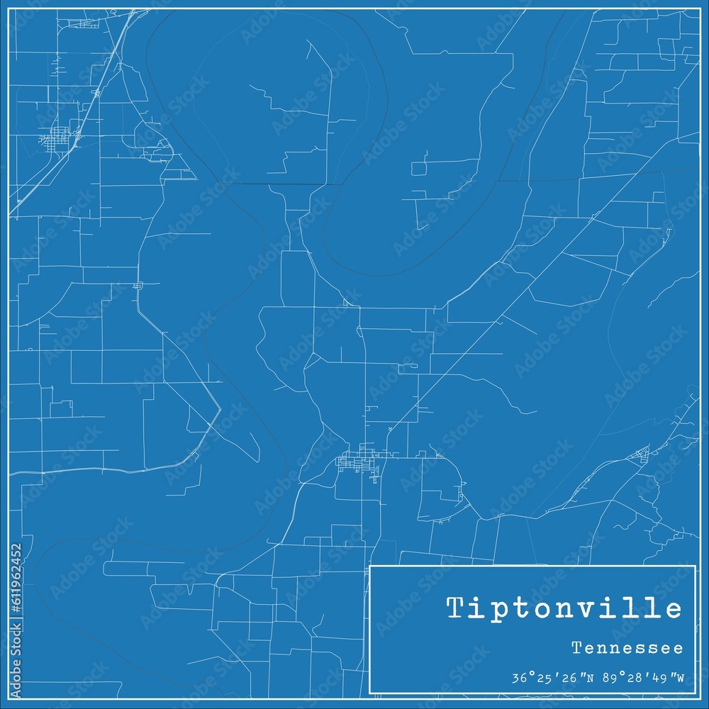Blueprint US city map of Tiptonville, Tennessee.