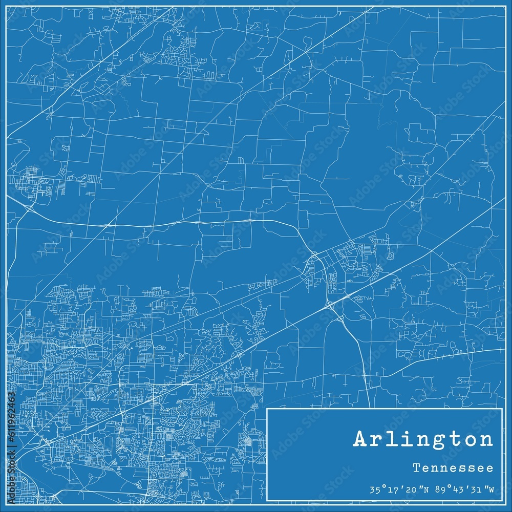 Blueprint US city map of Arlington, Tennessee.
