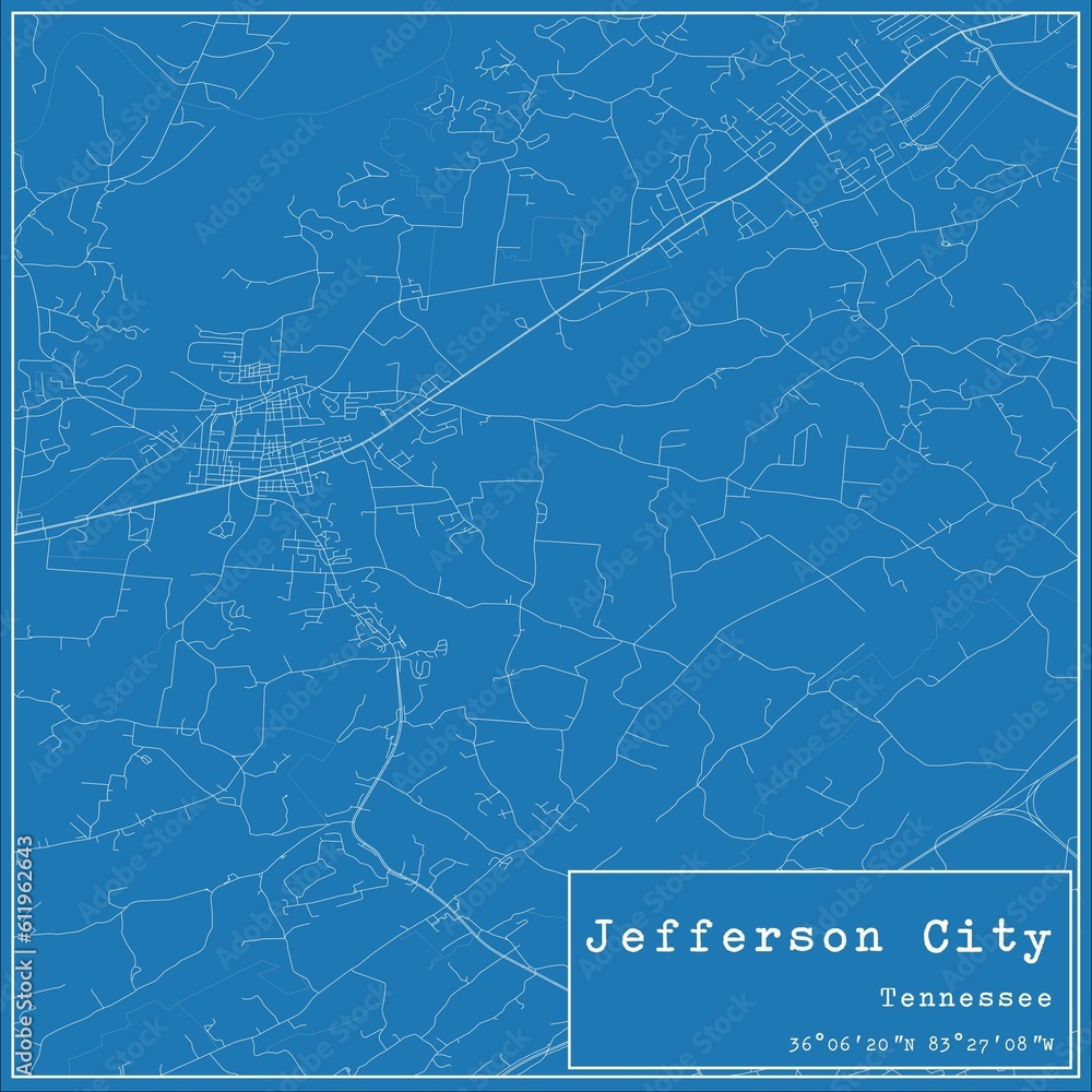 Blueprint US city map of Jefferson City, Tennessee.
