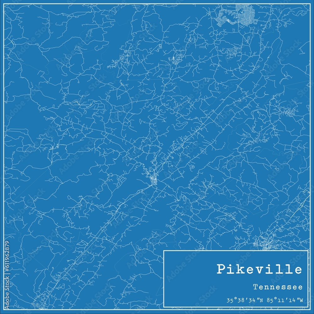 Blueprint US city map of Pikeville, Tennessee.