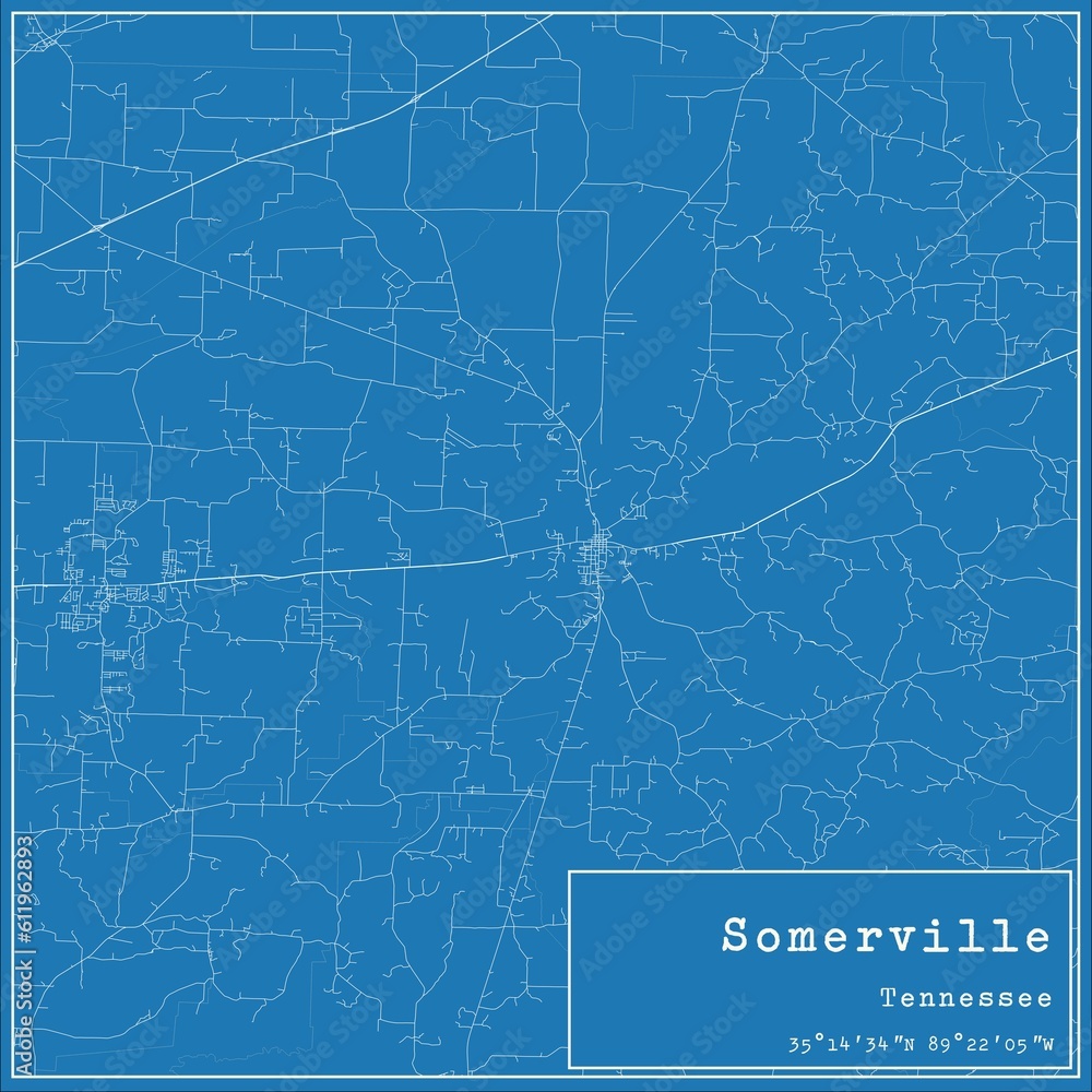 Blueprint US city map of Somerville, Tennessee.