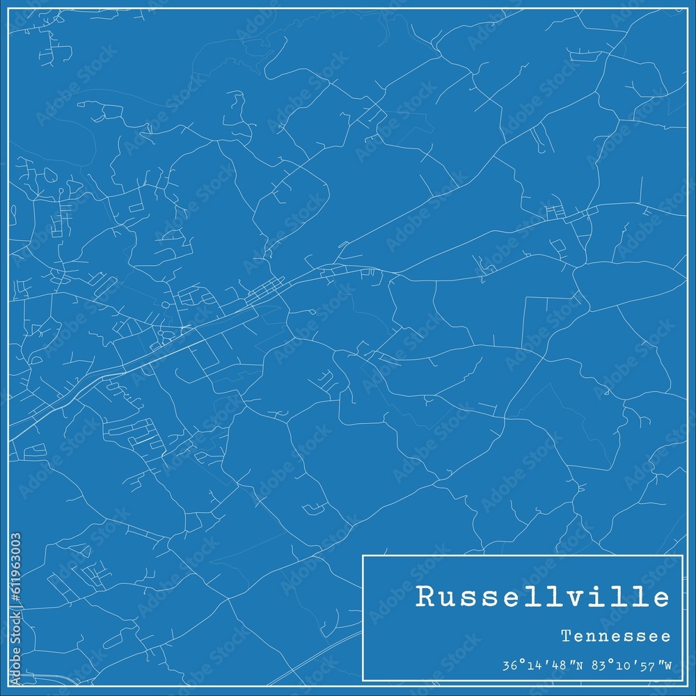 Blueprint US city map of Russellville, Tennessee.