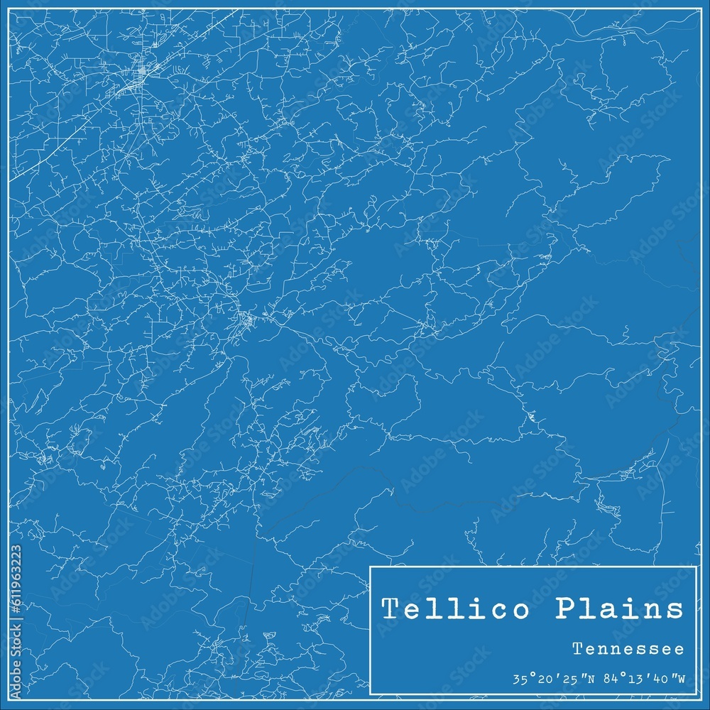 Blueprint US city map of Tellico Plains, Tennessee.