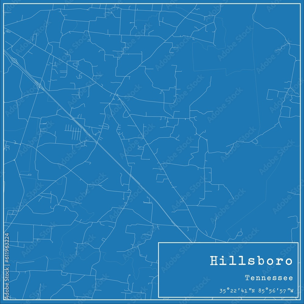 Blueprint US city map of Hillsboro, Tennessee.