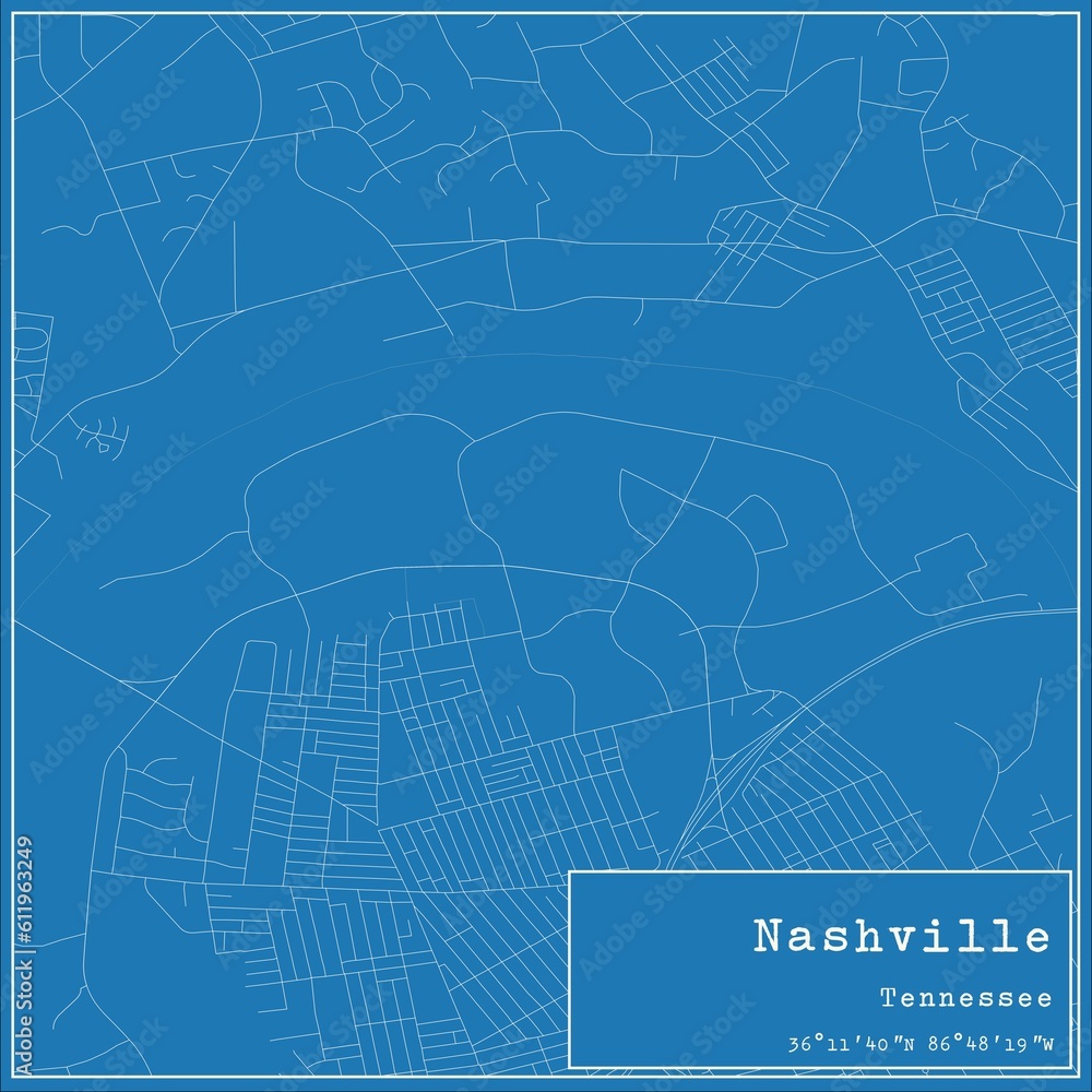 Blueprint US city map of Nashville, Tennessee.