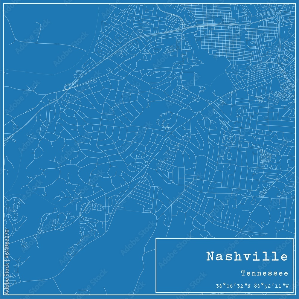 Blueprint US city map of Nashville, Tennessee.