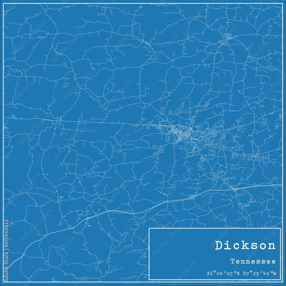 Blueprint US city map of Dickson, Tennessee.