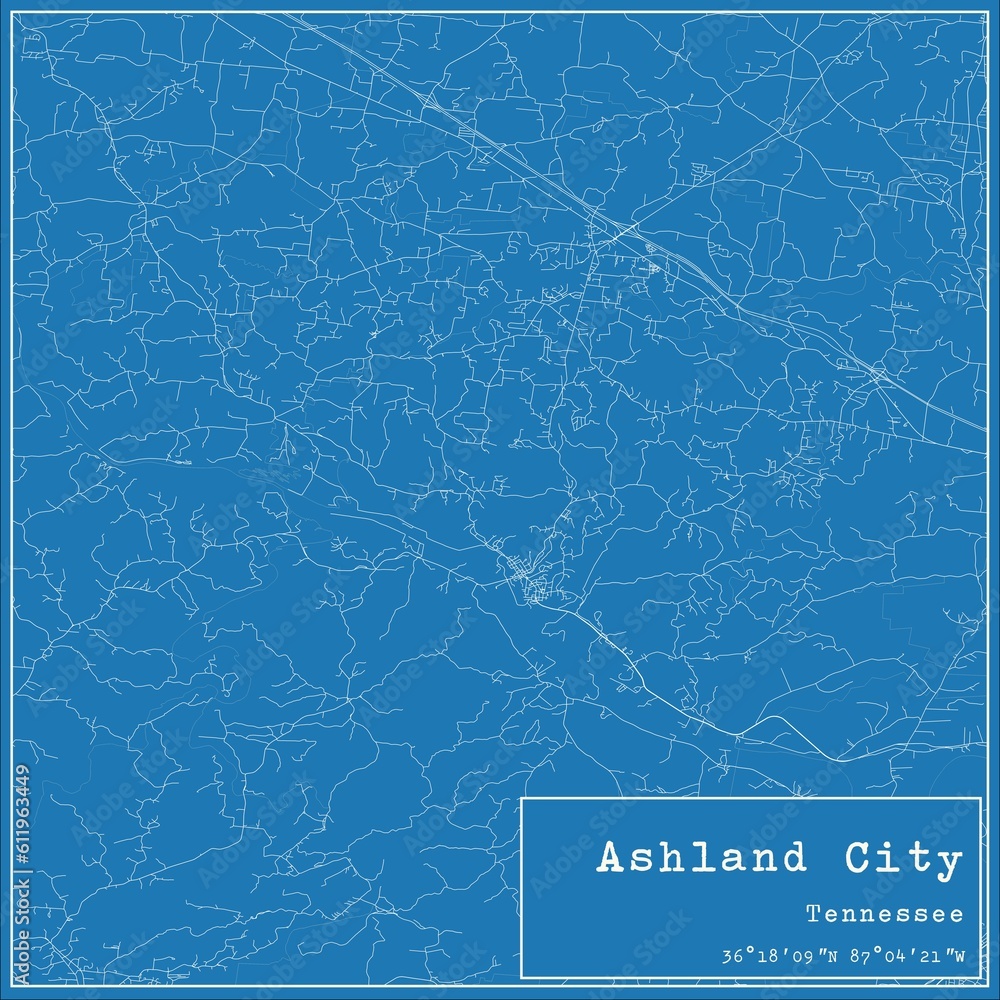 Blueprint US city map of Ashland City, Tennessee.