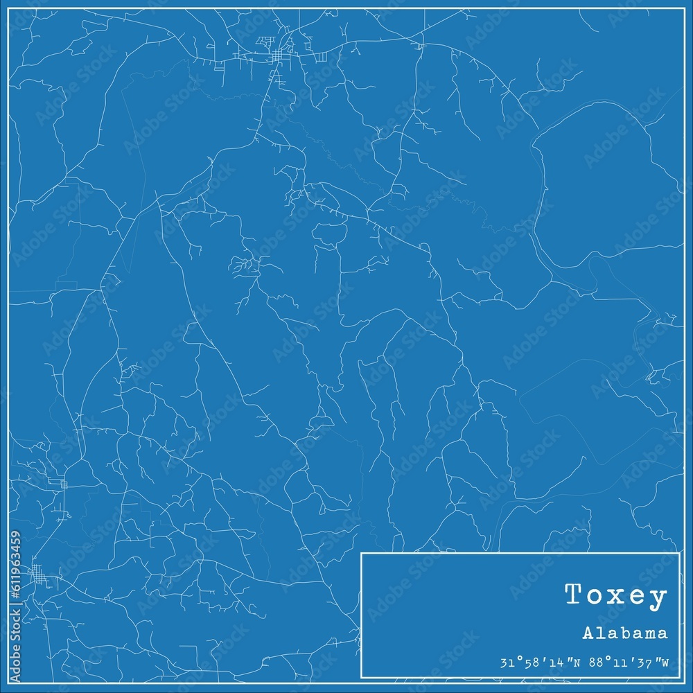 Blueprint US city map of Toxey, Alabama.