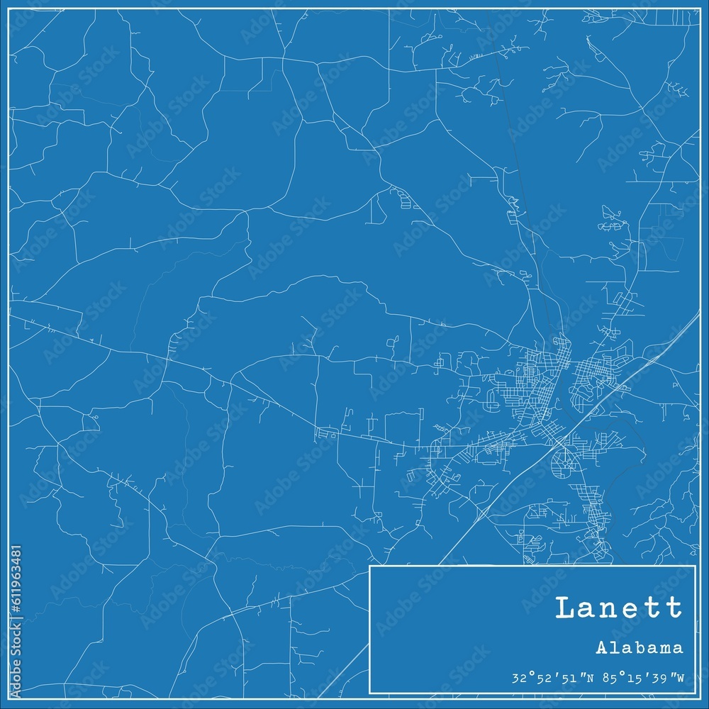 Blueprint US city map of Lanett, Alabama.